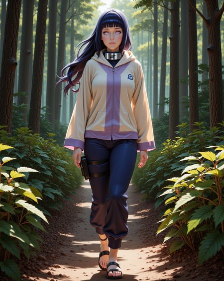 -looking at viewer, outdoors daylight, a 20 year old adult mature woman.
PhotoRealistic Style,  front view photo of.
<lora:Naruto_-_Hinata_v2-000030:1> n-hinata, purple eyes, blunt bangs, black hair wearing cream hooded jacket with lavender accents, navy blue pants, blue ninja sandals, Konoha forehead protector
A woman walks through a dense forest, the trees towering above her as she picks wild berries from the bushes lining the path.