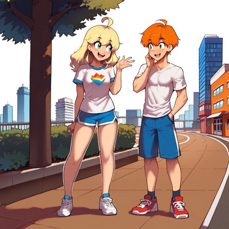 freerrystyle, score_9, score_8_up, score_7_up, source_anime, masterpiece, best quality, duo, two characters, 1girl and 1 boy, 1 girl, colorfull, shorts, shirt, shoes, open mouth, short sleeves, smile, blush, bangs, :d, long hair, full body, t-shirt, sneakers, ahoge, looking away, hand up, 1boy, cute, happy, smiling, white outline,  standing, full-length portrait, city background, short hair, eyes, shorts, shirt, shoes, street background