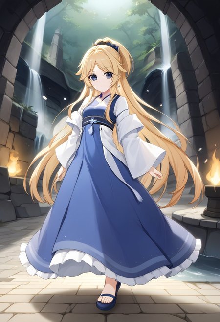 core_9, score_8_up, score_7_up,
BREAK source_anime, best quality, masterpiece, rating_safe, uncensored, High quality, 8k, Ultra detailed, insanely detailed, beautiful, prefect lighting, 1girl, 
BREAK yukariadv, very long hair, blonde,
hanfu, blue dress,
walking
BREAK (Cave, firewood, fire, water droplets, stone bed, rough floor,Cobblestone wall),