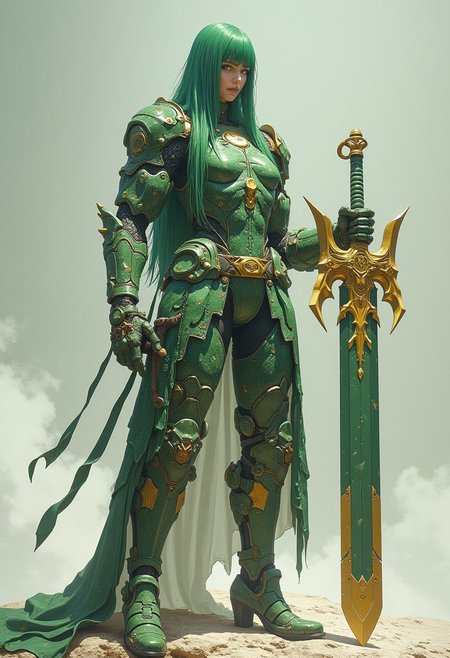(score_9, score_8_up, score_7_up) marble face, rock arms, marble skin, ((stone golem woman)), strong body, Mature, mature face, 35 years, large face,fringe, a lob  long straight  green hair, hands holding sword in fighting posture, serious face, large Blade of gold, homare style, octane render, high detailed, ultra realistic, volumetric, looking horizon, green eyes, green lips, boots high heels, battle dress