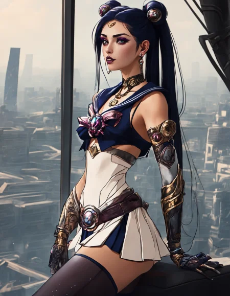 (Beautiful cyborg princess looking out over her lands from a tall tower, league of legends, long legs, belly dancer, high heels, intricate detail, cyberpunk Japan, futuristic, clean sharp focus) <lora:Dusk_XL_Goth_Moon_dadapt_cos_1e-7:1> 1girl, long hair, twintails, jewelry, hair bun, earrings, double bun, tsukino usagi, sailor collar, choker, hair ornament, crescent, sailor moon, skirt, gloves, very long hair
