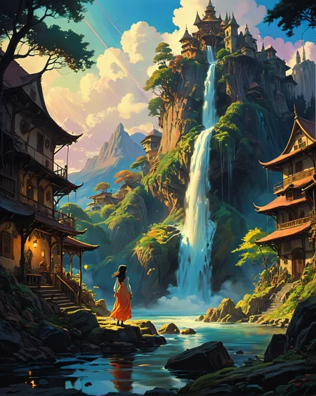 a wanderer between worlds in flowing bright clothes, (epic landscape:1.5),  (studio ghibli drawing), (studio ghibli painting),best quality, masterpiece, extremely detailed,  professional  art,  professional painting, an extremely delicate and beautiful, dynamic,  great lighting, perfect shading, professional shading, depth of field,   side soft light, elegant, gorgeous, highly detailed,   full shot, uncropped,   pure genious, absolutely perfect,  highly detailed, breathtaking,
image style is neo-romanticism painting  , Lens Flares ((light bokeh)) and Glitch Effect and Grain/Noise Texture and Shadow/Highlight Enhancement , , intricate Frank Frazetta , Fill Light vibrant colors and Glitch Effect , , incluenced by John Howe ,, village of the medevial era in the style of Terry Pratchet,a mystical waterfall that flows into the clouds, where the water appears to vanish into the air.,
<lora:0d28507d-6abc-443d-9c00-5f399ab8c7eb.TA_trained:0.7>,
<lora:EldritchRomanceIllustration1.3.1:0.3>,
<lora:- SDXL - vanta-black_contrast_V3.0:0.2>,
<lora:add-detail-xl:0.7>,
<lora:detailed_notrigger:0.7>,
