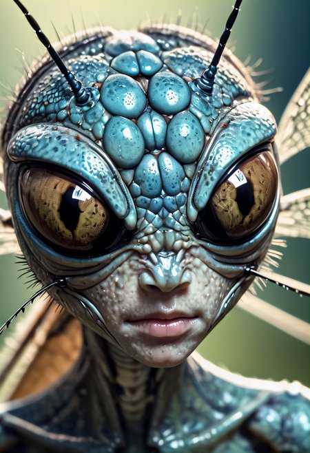 high-resolution photo of a eerily beautiful broad-winged_damselfly-woman, monster-girl, hybrid-creature, insect-head, chitinous specked gray membrane, intricate biological detail and textures,  lots of detail, cinematic vibrant lighting,16k HDRI