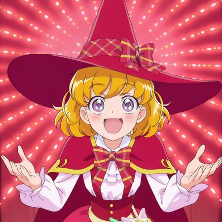 anime screencap, high definition,amazing quality,best quality,very aesthetic,masterpiece,absurdres, BREAK 
upper body, 1girl, solo, asahinamirai, purple eyes,blonde hair,school uniform, witch,red witch hat, plaid bow, capelet, smile, open mouth, blush, looking at viewer, medium breasts, 
open arms, open hands, hunchback, leaning forward, radial light panel, umai!, meme, danmaku,