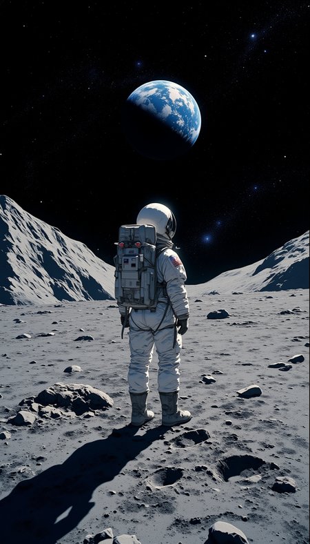 Create the upper body and face of a girl in a space suit is the center of the composition, a highly detailed and realistic scene of the lunar surface under a starry night sky. Show the rough, cratered surface with fine dust, jagged rocks, and small impact craters. Prominently feature astronaut boot prints leading into the distance, deeply imprinted in the powdery lunar regolith. To the left, render a large, well-defined crater with sharp, irregular edges and shadows casting depth. In the background, place the Earth as a brilliant blue and white sphere against the dark sky, with visible cloud patterns. The sky should be deep black with countless twinkling stars, emphasizing the vastness of space. The scene should evoke awe and solitude, capturing the majesty of the lunar landscape and the connection to Earth, rendered with photorealistic accuracy.