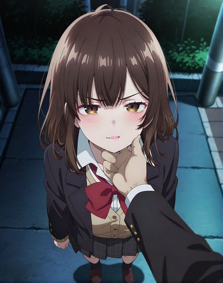 masterpiece, best quality, newest, absurdres, highres, detailed eyes, beautiful, detailed background, perfect eyes, anime coloring, anime screencap,<lora:add-detail-xl:0.5>
<lora:Glaring_expression:0.6>Glaring_expressionV1, 
1girl,hetero,1boy,solo focus,pov, annoyed expression,
hand on another's chin,glaring expression,blush, 
grab the chin,angry, v-shaped eyebrows, angry, 
Scowling face,	disgust, Tsk,parted lips,
20YO, milf,
BREAK
sayuogiwara,  skirt, school uniform, brown eyes, brown hair, jacket, shoes, red bow, full body, socks, bow, brown footwear, pleated skirt, blazer, white shirt, loafers, collared shirt, shirt, red bowtie, smile, dark alleyway background, night, <lora:SayuOgiwara-Higehiro-IllustriousXL:1>,