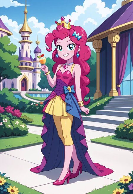 score_9, score_8_up, score_7_up, score_6_up, from My Little Pony Equestria Girls, a very young little human girl Pinkie_Pie wearing a fit blue|sky|green|brown|darkpurple|red|yellow gradients colors short princess dress, elegant detailed princess shoes, solo, 1girl, little princess girl, dark pink hair with crown hairband, smile, childhood, looking at viewer, glow detailed eyes, garden of canterlot, tul, chiffon, laces, semi realistic cartoon, unreal engine 5,  full body close-up, absurdres, digital art, soft light, perfect hands, perfect, hands, perfection, soft pink skin, skyblue eyes, party accesories and shoes, jewelry, tres chic,<lora:age_slider_v4:-4>,