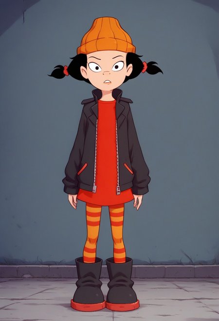 1girl, solo, orange beanie, black hair, twin pigtails, red scrunchie, unzipped black jacket, red dress with a round neckline, red-and-orange striped tights, oversized black boots with buckles