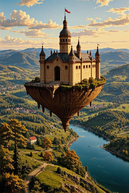 (floating castle) Macedonian early morning, beautiful landscape, woman, intricate, very detailed, sharp, colorful, multilayer painting,  <lora:Hand v2:1> <lora:Anti-Blur:1> <lora:Insane Detail Slider:0.5>   <lora:Flux.1_Turbo_Detailer:0.6> <lora:flux-photo-transparent_Alpha_1.0:0.8> <lora:flux.1_lora_flyway_Epic-detail_v2:0.6> <lora:Painterly01b_CE_FLUX_AIT:1> pntrlyCE_style