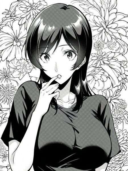 score_9, score_8_up, score_7_up, 
1girl, monochrome, Kimiko nk, large breasts, black hair, long hair, large breasts,
hand to mouth, face, black t-shirt, short sleeves, looking at viewer, parted lips, wide-eyed, floral background,