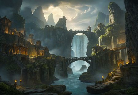 masterpiece, best quality, ultra detailed, professional light, cinematic lighting, ambient lighting, atmospheric effects, epic landscape, fantasy city, ruins, waterfall, mountains, cliff, bridge, Kintsugi, path, clouds