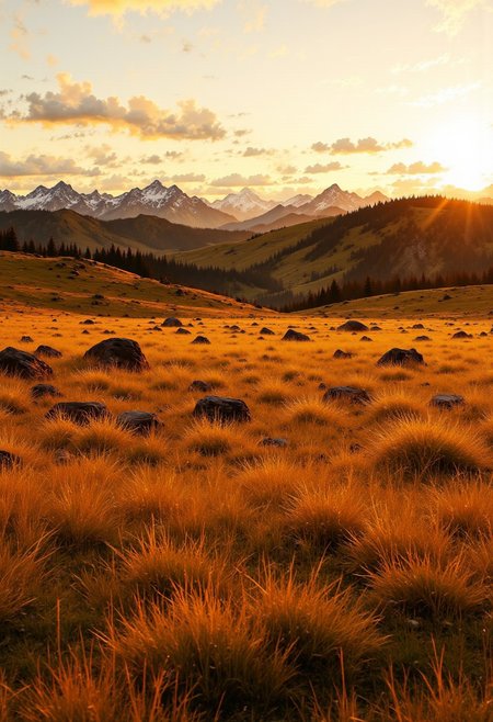 New Zealand South Island Grasslands – Warm Golden Hues
"A breathtaking expanse of golden grasslands on New Zealand’s South Island, where the sun sets behind rolling hills covered in soft, sunlit fields. The grasses shift in the evening breeze, their delicate blades reflecting the warm, golden glow. In the background, distant snow-capped mountains catch the last light of the day, adding contrast to the earthy tones of the prairie."