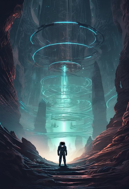concept art An eerie depiction of an astronaut exploring the labyrinthine passages of an ancient alien edifice on a distant, desolate planet. The uncanny architecture, bathed in an alien glow, suggests an intelligence far removed from human understanding . digital artwork, illustrative, painterly, matte painting, highly detailed