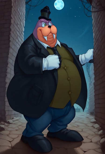 score_9, score_8_up, score_7_up, sfw, rotund, furry male, Rotor the walrus as mr walrus, with large mustache, <lora:MrWalrus_PXL_Leaf1:1>, green eyes, fangs, furry,  furry anthro, alley, posing,  clothed,  walrus, fat, overweight, walrus tusks, squinting eyes, smile, solo, 1boy, male focus, <lora:pony_monocles-step00000800:1>,(monocle),round eyewear, top hat,, suit, gloves, furry male, mustache, necktie, a robber-baron wearing a monocle on a chain on his left eye, top hat, white shirt, black vest from 1900, holding a pocketwatch, standing
BREAK
city, ruins, back alley, outside, night, moon, stars, ambient light,