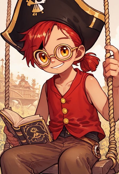 score_9, score_8_up, score_7_up, 1boy, solo,  cute boy, outdoors, red hair, short ponytail, amber eyes, glasses, black pirate hat, holding book, swing down book, strike book, red vest, sleeveless, button, collarbone, brown pants, patch on pants, pirate boy, big smile