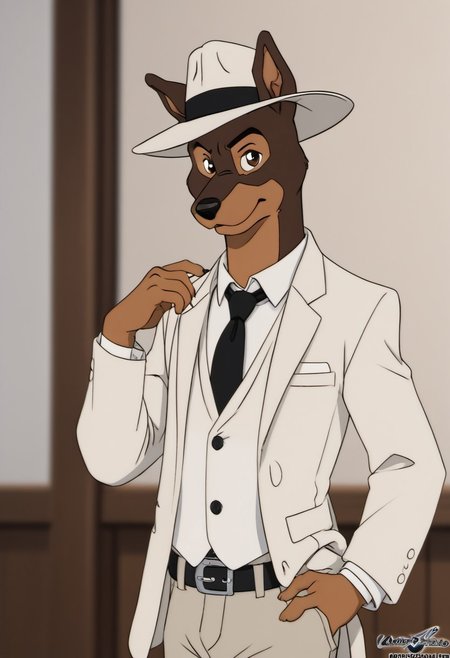 score_9, score_8_up, score_7_up, score_6_up, score_5_up, score_4_up, photorealistic, realistic, masterpiece), furry male, detailed face, detailed eyes, detailed hair, detailed fur, solo, WB_SketchV1
BREAK
Martin_Torque, Doberman, Anthro Dog, Brown Fur, Tan Markings, black eyes, black nose, white suit, white shirt, black tie, hat, fedora, white fedora, white pants, footpaws
<lora:DetailedEyes_V3:1>