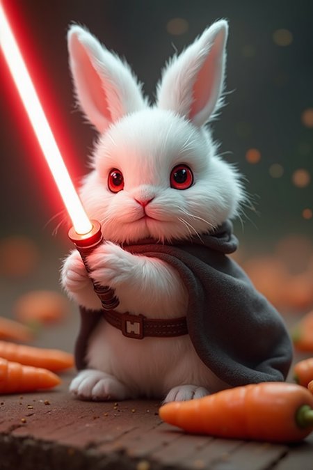 A white fluffy bunny with red eyes as a Sith lord swinging its red lightsaber in a carrots background