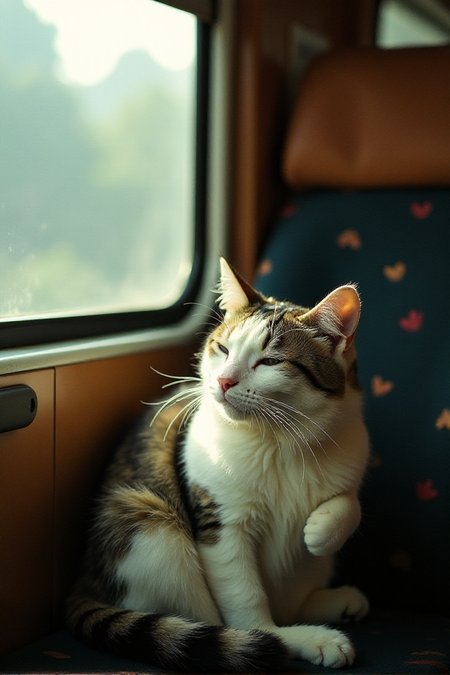 Japanese Culture Style, Emotional Photos, 35mm film, soft focus, Japanese cat sleeping on a train seat, Warm atmosphereâââ