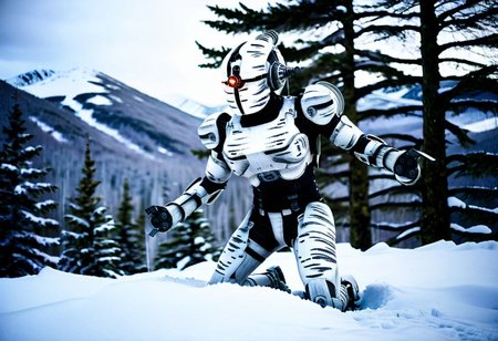 easynegative, extremely detailed, dark, chiaroscuro, low-key, AssaultronCosplay, zavy-strps, a white assaultron robot, ((the assaultron has grey stripes painted on its armor)), ((tiger stripe pattern)), in the mountains of Alaska, snow
