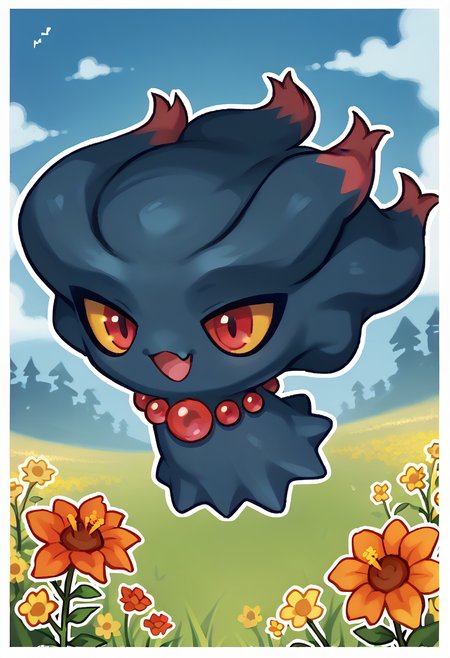 score_9, score_7_up, chibi, flying, happy, fang, <lora:MisdreavusPKMN-pdxl:1> misPKMN, pokemon \(creature\), ghost, no humans, yellow sclera, red eyes, bead necklace, field, flowers, white outline