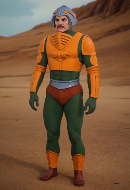 score_9, score_8_up, human, ManatArmsHM, brown hair, short hair slicked back, black eyes, mustache, muscular, metal helmet, green bodysuit, orange armor, green gloves, brown fur loincloth, metal belt, leg armor, brown shoes, silver studio background, solo, 1boy, background, photorealistic