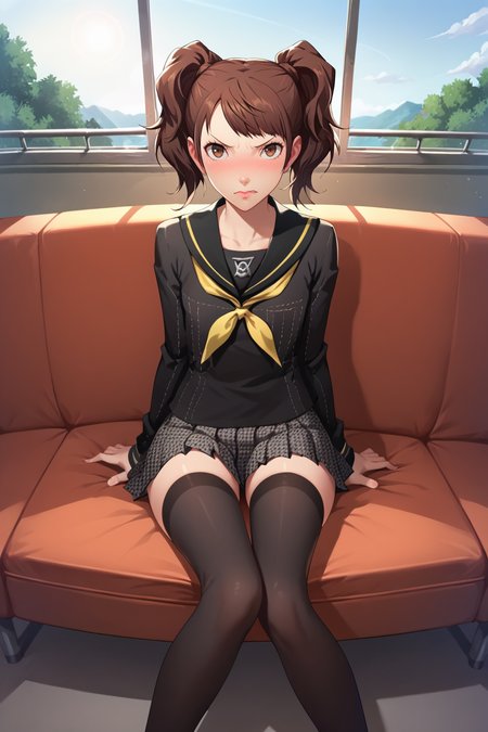 <lora:Smooth Anime 2 Style SDXL_LoRA_Pony Diffusion V6 XL:.8>, source_anime, score_9, score_8_up, score_7_up, score_6_up, score_5_up, score_4_up, BREAK, 1girl, <lora:Rise-000004:.7>, Rise Kujikawa, Persona, twintails, brown hair, brown eyes, teen, black serafuku, thighhighs, pleated skirt, small breasts, sitting, angry face, blushing