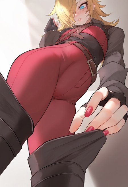 masterpiece, best quality, very aesthetic, high resolution, ultra-detailed, absurdres, newest, extremely detailed eyes, beautiful, perfect lighting, hi res, amazing quality, NEWTRVL_ST, solo, blue eyes, blonde hair, gloves, 1girl, female focus, boots, belt, pants, fingerless gloves, nail polish, hair over one eye, androgynous, freckles, red pants
