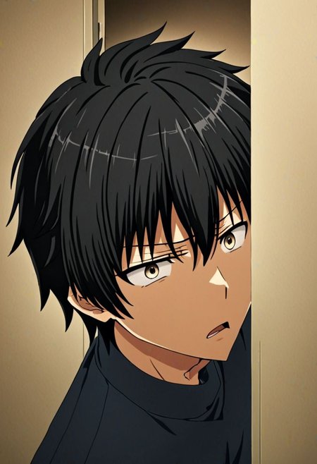 high resolution, solo, best quality, 1Boy, Seiya Kanie, black hair, short hair, thin, surprised, peeking out, OverallDetail