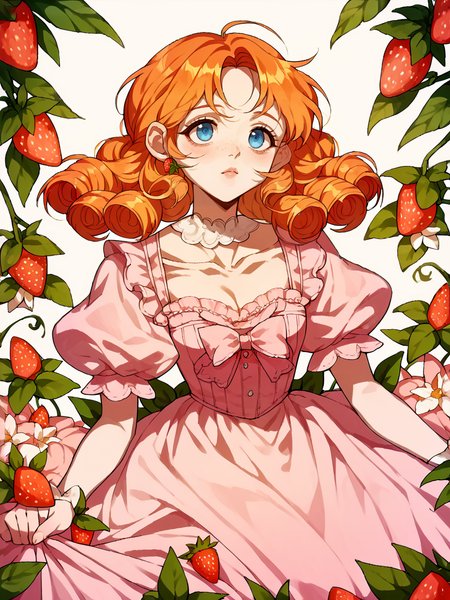 score_9, score_8_up, score_7_up, score_6_up, score_5_up,  <lora:lalangheejXLP:1> lalangheej, 1girl, puffy sleeves, dress, strawberry, pink dress, ginger hair, blue eyes,