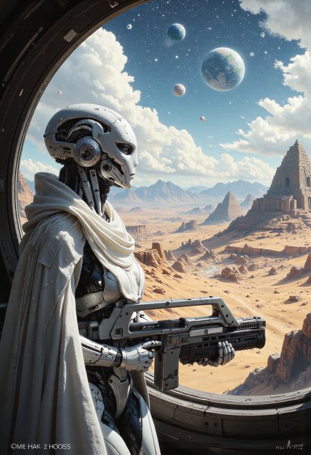 Exotic alien shock trooper, white armored robot, petite frame, armor made of smooth crystal bones, looking out spacecraft window down at another world with an extraterrestrial landscape, unreal steppe, wearing white cloak, long white hair, exotic alien space ships landing in distance, fantasy dream, starry sky with distant large planets, ancient civilization ruins in background, 8k uhd, perfectly balanced, pixar style, abstract multilayer texture, by Jeremy Mann, striking white elegant sanitary aesthetic ship design, soogsx, cyborg legs, cyborg flat breast, holding futuristic pulse rifle,    <lora:FLUX - DreamArt Style:0.5> <lora:FLUX - Image Upgrader - Detail Maximizer:0.5> <lora:FLUX - ROBOT-V3:0.7> <lora:FLUX  - Meets Midjourney V6.1:0.5> <lora:FLUX - Armat_M41A_Pulse_Rifle_-_Aliens:1.0>