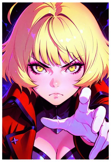 ilya kuvshinov,
masterpiece,best quality,amazing quality,
1girl,blonde hair,yellow eyes,solo,gloves,white gloves,close-up,looking at viewer,coat,frown,red coat,border,reaching out,outstretched hand,closed mouth,upper body,bangs,portrait,ahoge,serious,armor,v-shaped eyebrows,cleavage,
