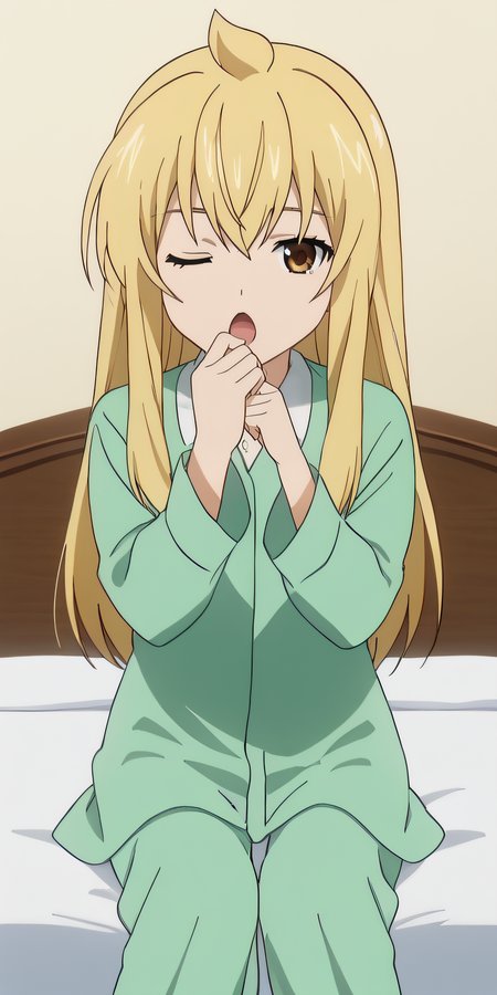score_9, score_8_up, score_7_up, source_anime, rating_safe, intricate details, anime screencap, official style, 1girl, <lora:Minami_Chiaki:1>, chiaki, blonde hair, long hair, green pajama, collared pajama, oversized clothes, green pants, looking at viewer, expressionless, indoor, one eye closed, sitting on bed, full body, yawning, hand on mouth, open mouth