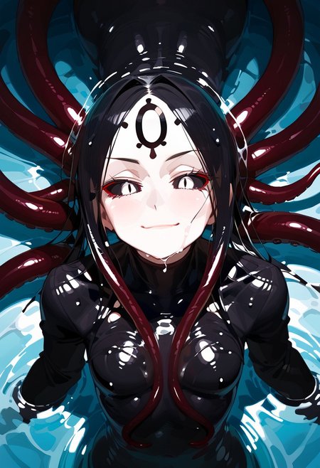 abbystea style, zPDXL2, score_9, score_8_up, score_7_up,  alien monster girl, beautiful face, tentacle hands:1.1, (inside a cave), multiple eyes, ((close up:2)), focus on face, large jellyfish head shape, multiple eyes on head, black body color, long octopus hair:1.2,  tendrils wrapped around breasts, black body, extremely detailed, skin texture, glistening body, small breasts, red scales on body, dripping wet body, oiled, long sleeves, white face, (big ass:0.4), black sclera, (shining white eyes), emerging from water, monster body, black sclera, glossy eyes, arching back, seductive smirk, wicked smile, Expressiveh, from above, mature woman