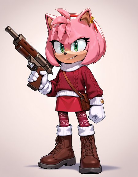 1girl, solo, full body, no humans,
<lora:Movie-Amy:1> movieamy, pink fur, green eyes, animal nose, body fur, hedgehog tail, petite, short legs, short hair, bob cut,
white gloves, mori girl, knit sweater, flared skirt, patterned pantyhose, satchel, leaf pin,
holding gun, cowboy shot, serious expression, extremely detailed, highres, masterpiece, best quality