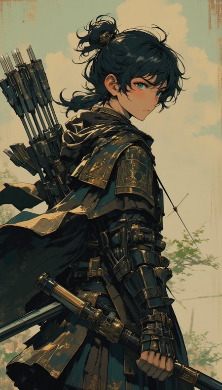 please create an archer similar to Irvine of berserk, shooting against the wind as a 1980s anime film,lyh_niji