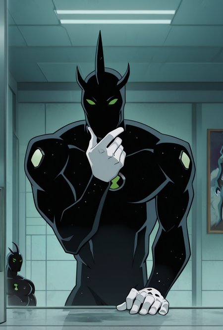 <lora:alienx-09:1> alienx, 1boy, green eyes, horns, matte black skin, dynamic pose, white hands, wide face, white spots on body,  <lora:DCAMU_Style_illustrious_Leaf2:1> DCAMU, looking at painting, hand on chin, through glass,, masterpiece, best quality, amazing quality, very aesthetic, absurdres, newest,