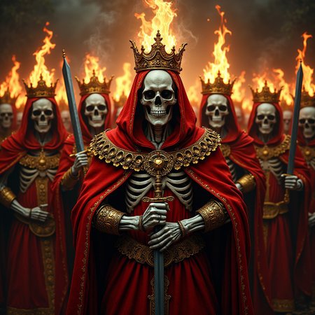 photorealistic, skull, suicide kings, 9 crowns, burned skeletons, swords, fire, golden wreath, red and gold robes, playing cards