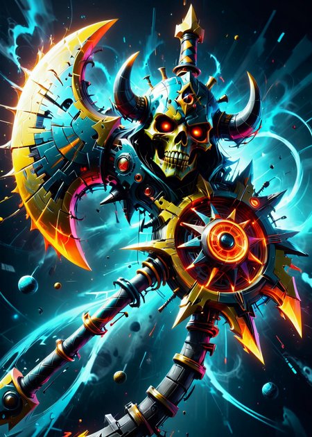 (axe:1.3),  whimsical (battleaxe:1.4) face in a celestial scenery at daytime,  double, wide, highly detailed, sparks  <lora:battleaxev2:1.3>