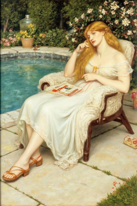 dgr painting.
A blonde woman relaxing on a lawn chair beside a swimming pool.  
  <lora:dgr1_cap_d6a3e8:1.0><lora:819488977359771410:0>