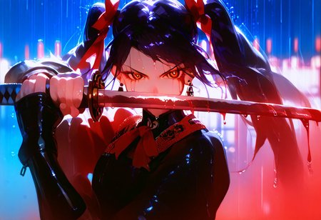 1girl, jill stingray, twintails, dark purple hair, red eye, ringed eyes, cold stare, killing intent, hkwarrior, focus on face, movie wide profile shot, holding katana towards viewer, low guard sword parry stance, holding sword, (foreshortening:1,2), long curved blade, one hand on blade of katana, red string tied to hilt blowing in wind, earrings, dark red and black low tech cyber armor, greaves, sweat, hair wet with blood, blood drip from blade, sts-foreshortening-v2,
BREAK 
score_9, score_8_up, score_7_up, on roof of a tall corporate building, cityscape, bokeh, dark night, night sky, high contrast, detailed face, sharp focus on face, rain, wet, red theme,