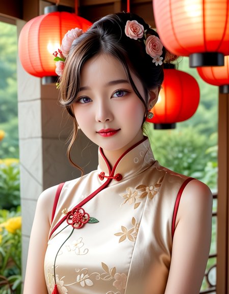score_9, score_8_up, score_7_up, (masterpiece, best quality), 16k, (realisticphoto, hyperrealism), absurdres, Ultra detailed depiction,
(best shadow), ((Realistic skin texture)), (perfect anatomy, perfect hand), (cinematic lighting, detailed background),
one girl, Korean woman, cute k-pop idol, intricate updo, flowing graceful cheongsam, bare thighs, elegant, serene expression,
delicate blooming flowers, Red lanterns, old Korean mansion,
magical atmosphere, soft twilight, Blurred background, 85mm F/1.4, telephoto lens
kissmilk <lora:kissmilk_v12-10:1>
