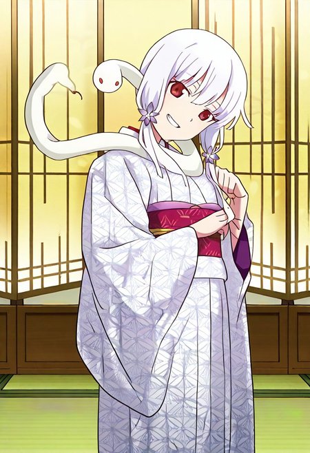 Smooth Quality - Illustrious, sfw,
anime, illustration, nadeko, red eyes,medium hair,white hair,snake hair,albino, 
<lora:NSFWFilter_illusXL_Incrs_v1:-1>
<lora:Snake_on_Shoulders:0.8> sn4k3, snake on shoulders, large snake, white snake,
1girl, solo, standing, cowboy shot, alluring pose, 
japanese clothes, white kimono, furisode, floral print, 
looking at viewer, head tilt, beautiful smile, grin,
golden folding screen, zabuton, tatami,