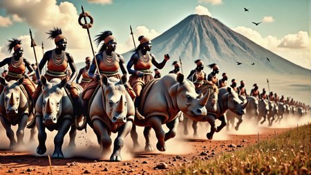 Real photograph of an army of African warrior women,  black skin, Nubian, beautiful, breathtaking,  athletic, (small breasts:1.4),  earrings, necklace, wrist bands,  dangerous, fierce, determined, battle hardened,  mounted atop angry and ferocious rhinoceros,  cavalry charging into battle with lowered spears, shields and spears bearing war decorations,  fierce angry painted faces full of rage, yelling fierce war cries,  African Savannah with mount Kilimanjaro in the background,  intricate details, masterpiece, elegant, complex patterns,  (full body shot from head to toe:1.6),  dramatic and dynamic morning lighting, intense atmosphere,  <BaroqueColorful:0.72>