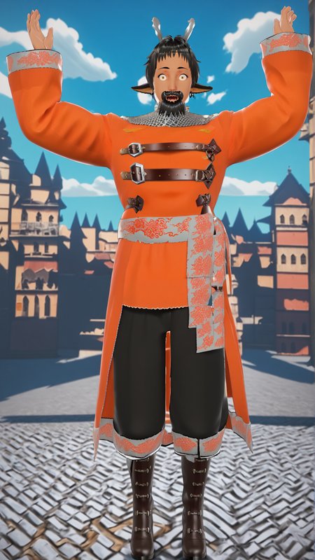 2d, fantasy-style, (zPDXL2), (((full body view))), (((dynamic pose))), (((dynamic angle))), sehele style, webtoon, anime, centered, sajevtu, tanned skin, 1man, (((shocked expression))), orange coat, black hair, beard, two small twisted silver goat horns, yellow goat eyes, goat ears, chainmail coif, XIV Century Russian Soldier, silver silk sash, intricate patterns, black pants, brown leather boots, ((outdoors, medieval fantasy town)), <lora:sd_xl_dpo_lora_v1:1>, <lora:OMG-Is-DucHaiten_v1.0:0.1>, <lora:Seunghee_Lee_Style_PDXL:0.4>, <lora:ManhwaSDXL:1.5>, <lora:sajevtu2_PonyXL:0.8>