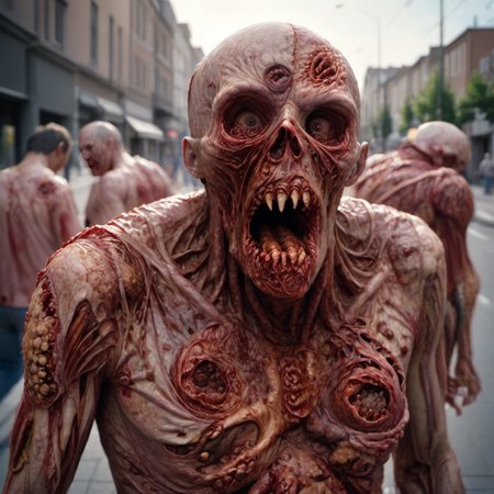 zombie in the street <lora:Cyberfleshmutant:1> FLESHMUTANT, hyperdetailed photography, soft light