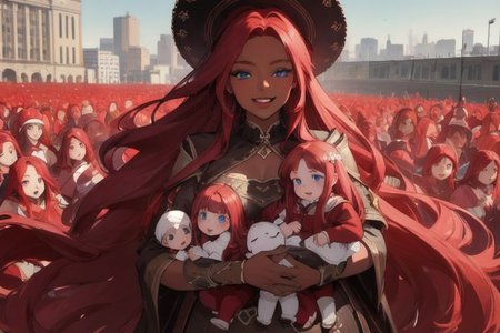 (masterpiece, best quality:1.5), (ultra realistic:1.5), (8k uhd, very high quality:1.5), (extremely detailed face:1.5), (everyone has ruby red hair:1.5), (dark skin mother holding an endless number of infants and surrounded by an endless number of her extremely young children:1.5), (everyone smiling and happy:1.5), (everyone has bright blue eyes:1.5), (everyone has long ruby red hair:1.5), (the woman is surrounded by endless numbers of her extremely young children that fill the entire background:1.5), (the woman is surrounded by an endless number of her very young children that fill the entire background:1.5), (city background:1.5)