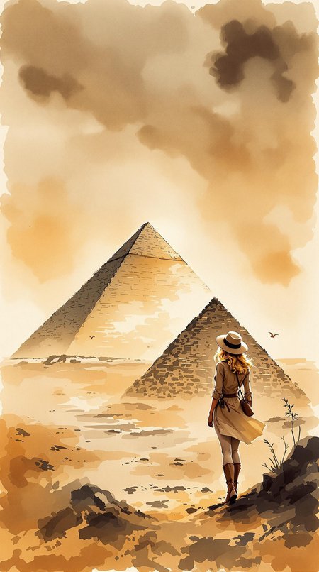 expressive watercolour ink wash, intricate linework with expressive contrasts, soft lighting with dynamic highlights, image of a dusty desert with a 1930s female explorer, blonde hair, safari hat and jacket, standing looking up at an Egyptian pyramid, silhouetted at sunset, sparse clouds