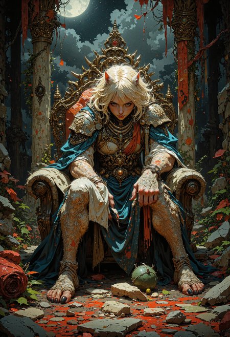 masterpiece, high-quality, dark fantasy mixed media, A feral werewolf queen dominates a ruined throne room overgrown with twisted, carnivorous flowers. Her short, ash-blonde fur bristles with primal energy, and tattered royal garments cling to her hulking form. The camera frames her in a tense side-on view, capturing the interplay of moonlit shadows that streak across her snarling jaws and gleaming claws. Torn banners featuring half-erased heraldry hang from blackened pillars, each flanked by vines that ooze luminescent sap. Splashes of ink and gouache define the hyperdetailed textures of the claw marks scored into stone walls, blending seamlessly with more realistic pencil shading. An aura of ferocity and archaic magic permeates the entire composition, hinting at an empire claimed by raw wilderness, <lora:FLUX\Anime v1.3:0.5> <lora:FLUX\FantasticalRealismV2:0.8> <lora:FLUX\StylizedEdge:0.4> <lora:FLUX\Fluxartis 28.11A:0.3>