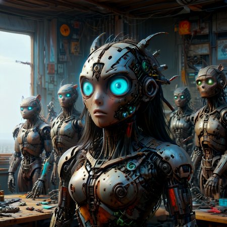 4k, extremely detailed wide view of amazing scene with scrap metal androids fused with blue glowing neon, Mummy,Otter, designed by artgerm, jesper ejsing, rhads, makoto shinkai, lois van baarle, rossdraws, ilya kuvshinov and gustav klimt, Concept art, In a dimly lit room, a figure with long black hair and piercing green eyes gazes at the world below. The painting depicts a group of angry figures, German landscape painting, (HD, masterpiece, best quality, hyper detailed, ultra detailed, super realistic),amazing, evi@decrepPunk, ais-scrapyrd, scrapbuiltai, add-detail-xl, Rusted, rusted landscape<lora:sdxl\rust\concept_worldmorph_decrepPunk_SDXL_v1-evi@decrepPunk.safetensors:1.24:1.24> <lora:sdxl\rust\Scrapyard_Style_SDXL.safetensors:0.73:0.73> <lora:sdxl\rust\ScrapBuiltAIp.safetensors:0.75:0.75> <lora:sdxl\enhancment\add-detail-xl.safetensors:0.8300000000000001:0.8300000000000001> <lora:sdxl\rust\Rusted_landscape_SDXL.safetensors:0.63:0.63>