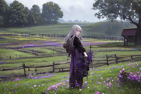 (otherworldly), highly insanely detailed, masterpiece, top quality, best quality, highres, 4k, 8k, RAW photo, (very aesthetic, beautiful and aesthetic), farm, fields, barn, fence, fantfa, <lora:FantasyFarm-10:0.7>, 
1girl, 
(gray hair ,split-color hair,dual-toned hair,two-tone hair), 
(pure purple background,transparent background),âââ